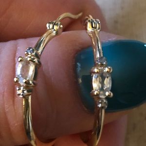 Genuine White Topaz and Diamond Accent Hoop Earrings. 18kt over Sterling Silver